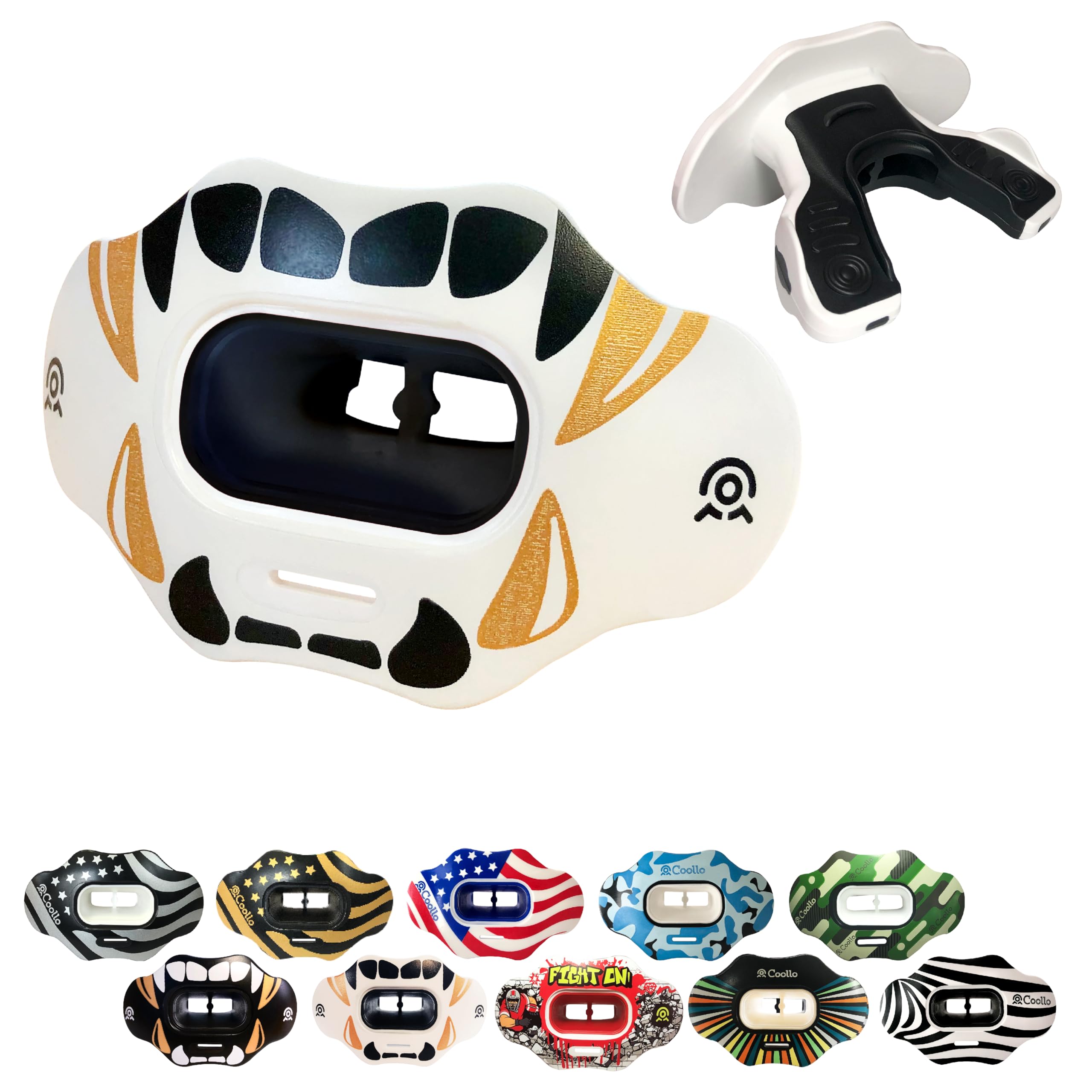 COOLLO SPORTS front view showing mouthguard and golden black fangs for clear protection