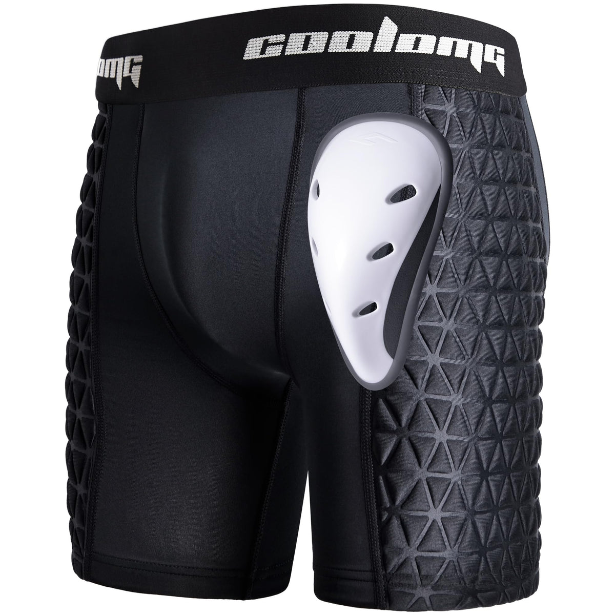 COOLOMG front view of black sliding shorts showing pad layout and comfort