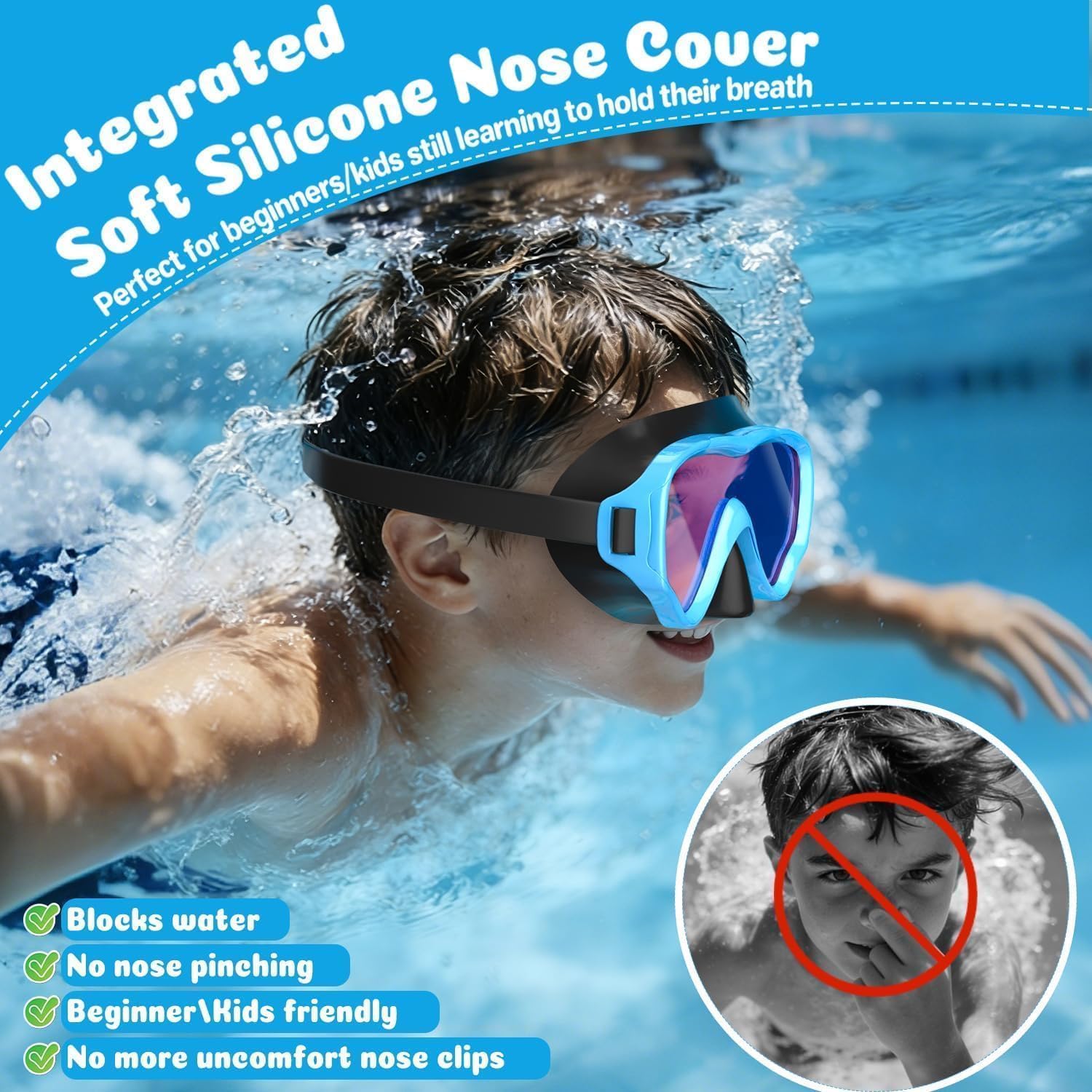 COOLOO kids wearing goggles in a pool demonstrating clear underwater vision