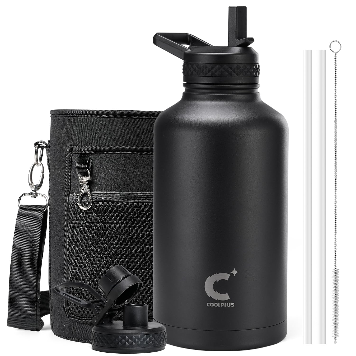 Coolplus front view of black 64 oz bottle showing shape and powder-coat grip benefit