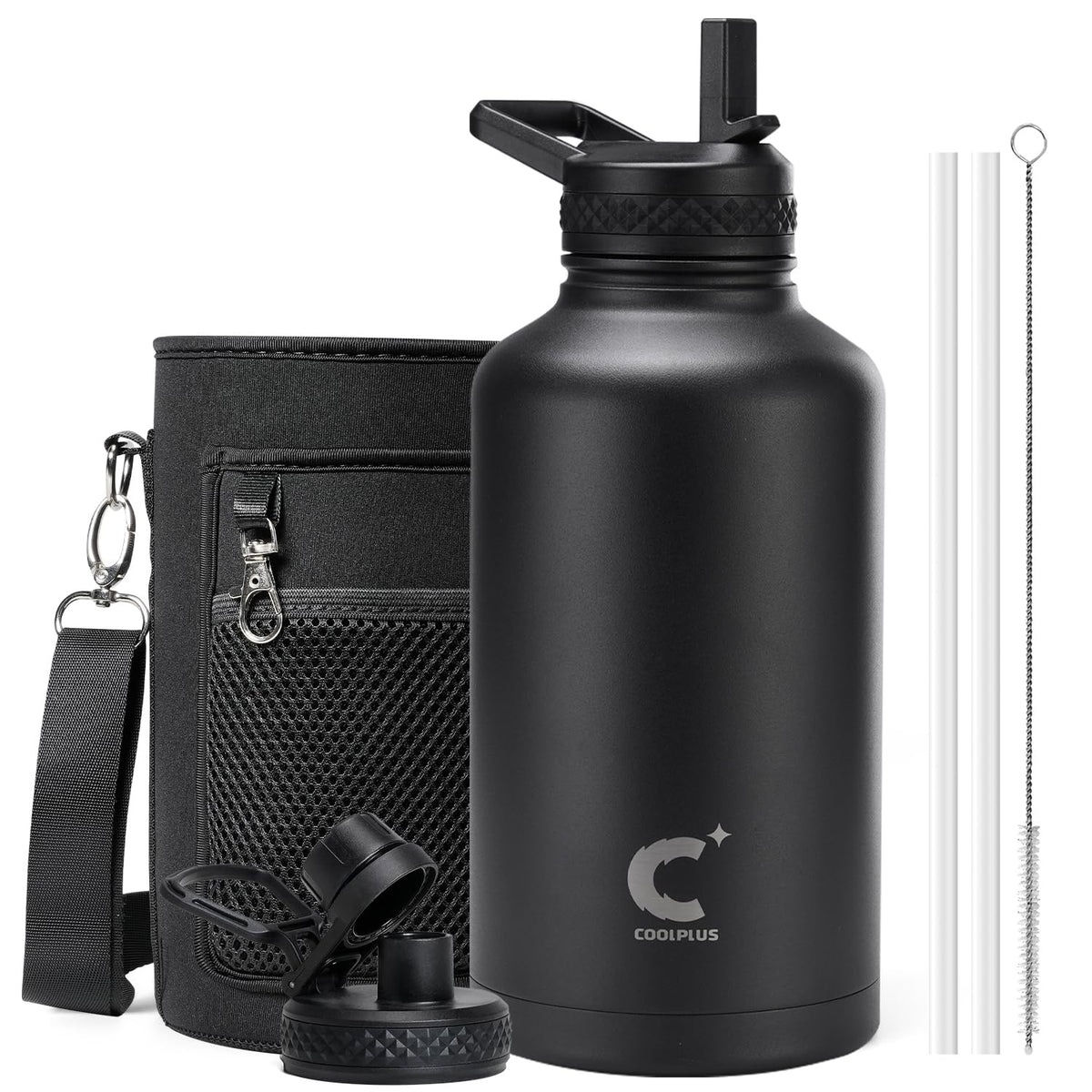 Coolplus front view of black 64 oz bottle showing shape and powder-coat grip benefit