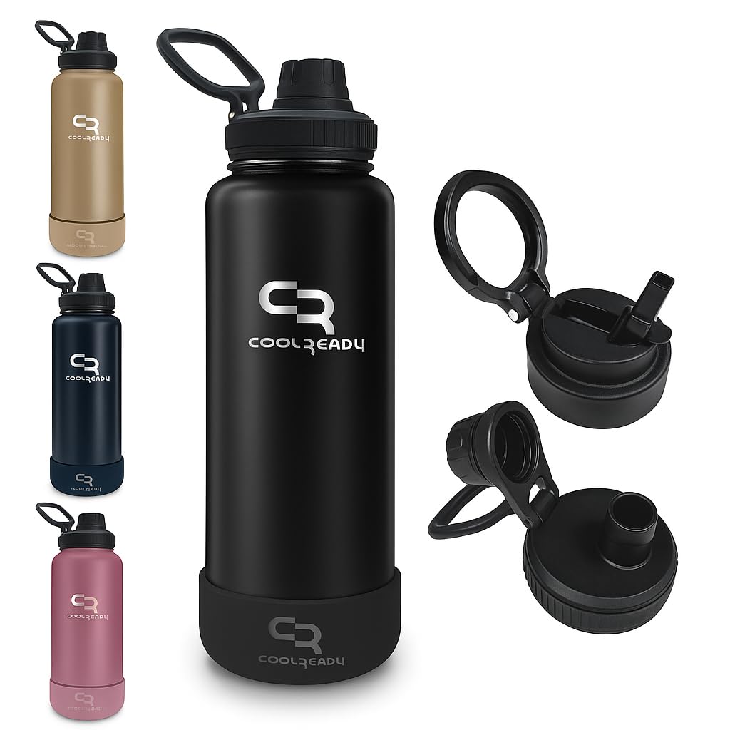 Coolready black 40 oz bottle front view showing sleek finish and capacity benefit