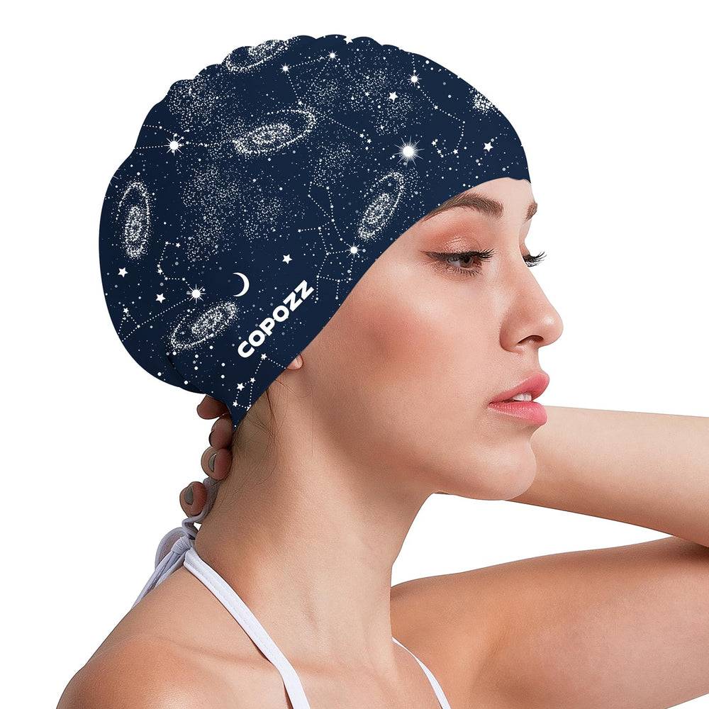 COPOZZ swim cap front view showing Milky Way pattern and stylish look for confidence