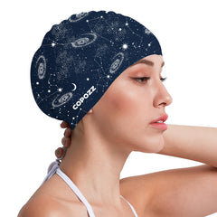 COPOZZ swim cap front view showing Milky Way pattern and stylish look for confidence