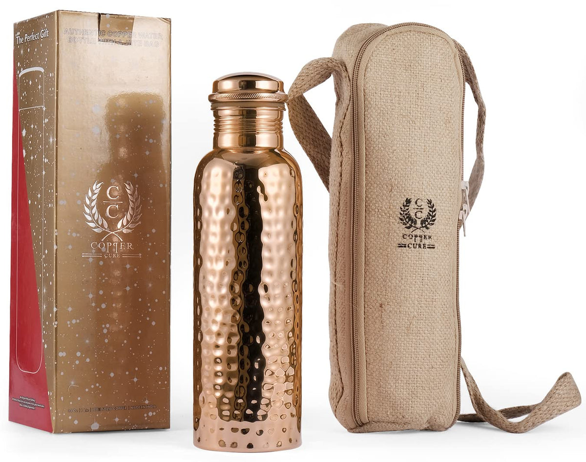 Copper Cure front view of 34 oz bottle showing hammered finish and shape, stylish hydration