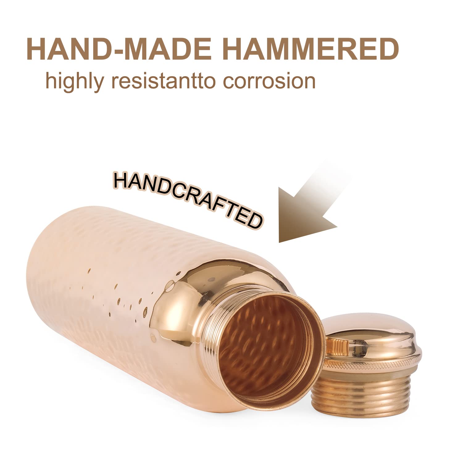 Copper Cure bottle held in hand for scale, 34 oz capacity for reduced refills benefit