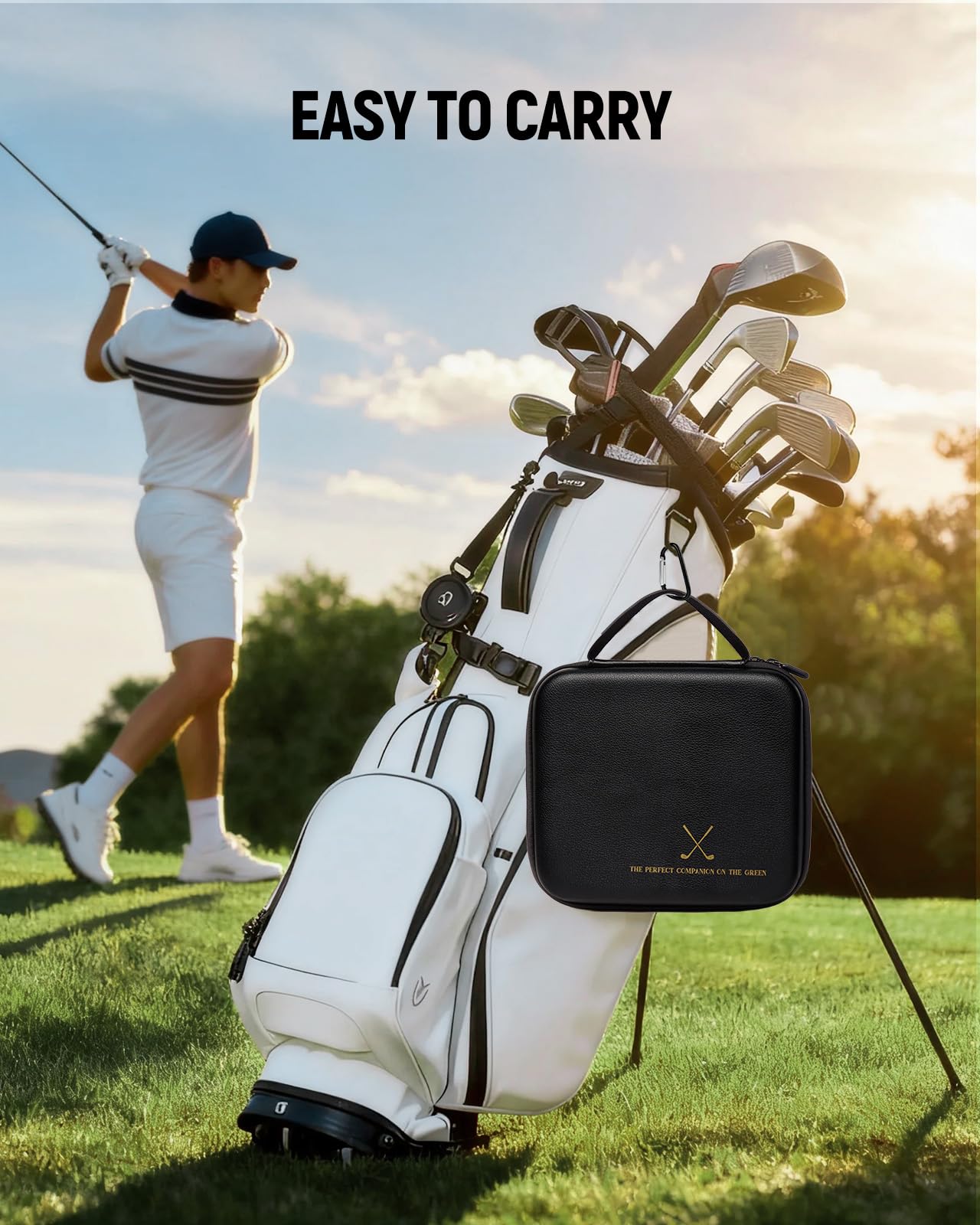 Coralogo lifestyle shot on golf cart illustrating portable course convenience