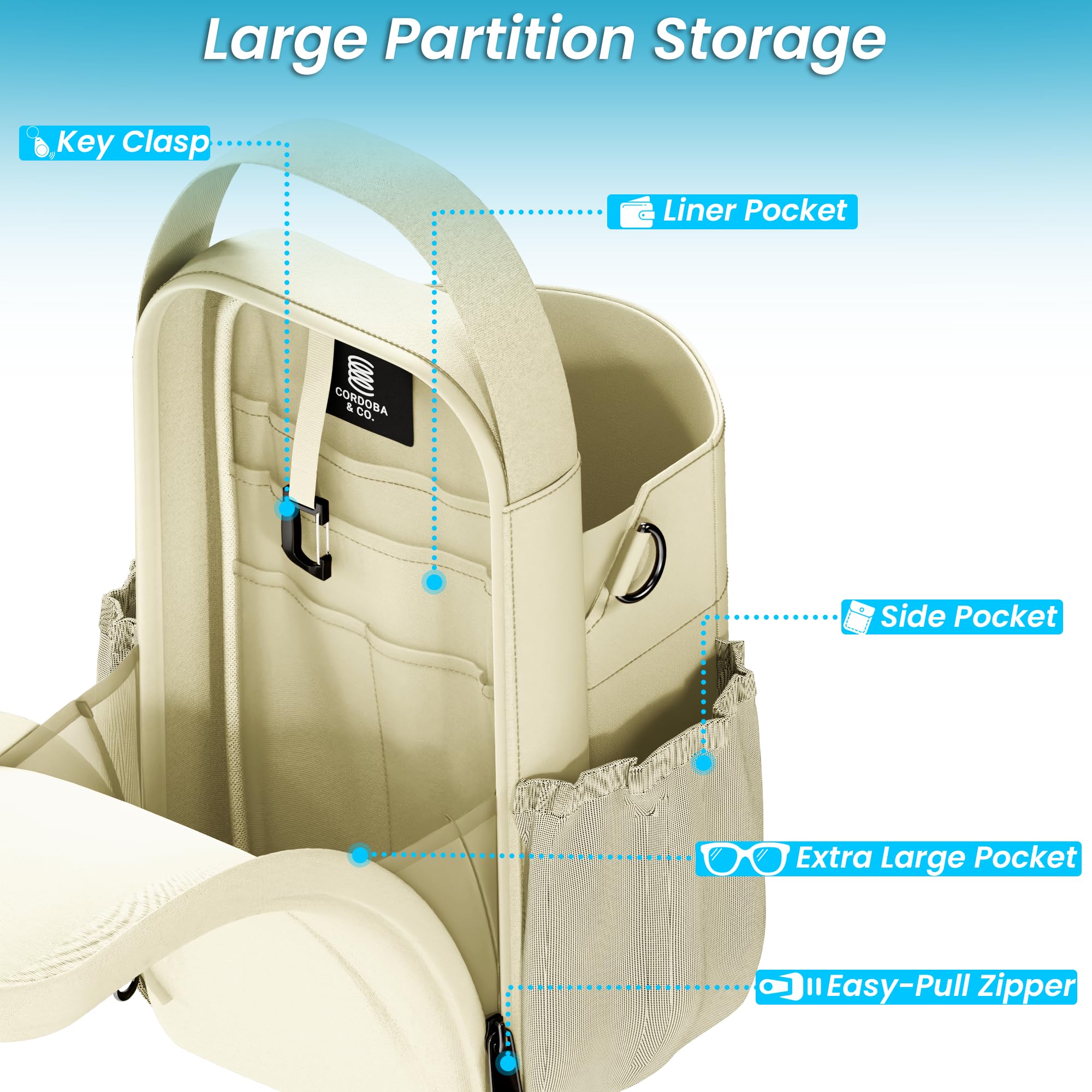 CORDOBA & CO. bottle compartment with water bottle for quick hydration on the go benefit