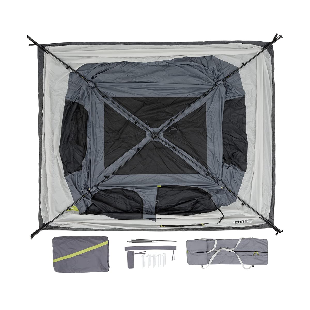 CORE family using tent in campsite showing comfortable group camping benefit