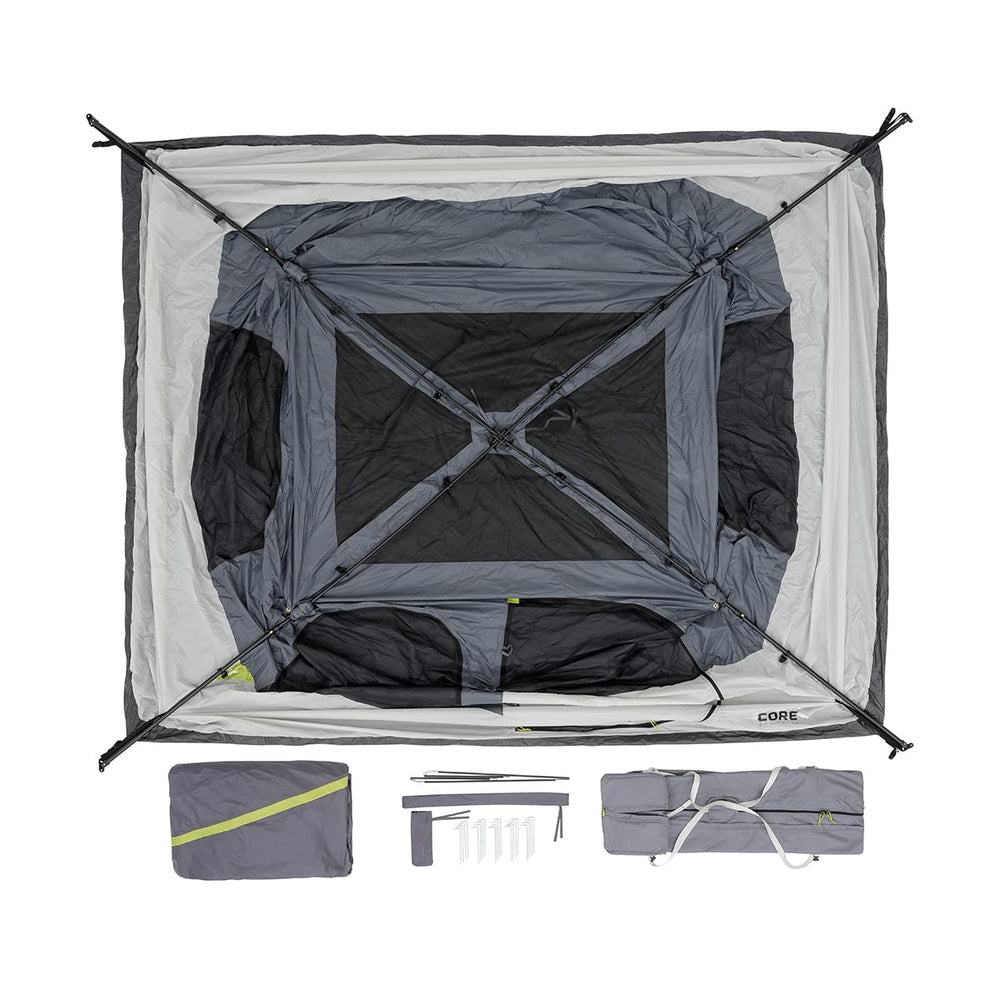 CORE family using tent in campsite showing comfortable group camping benefit