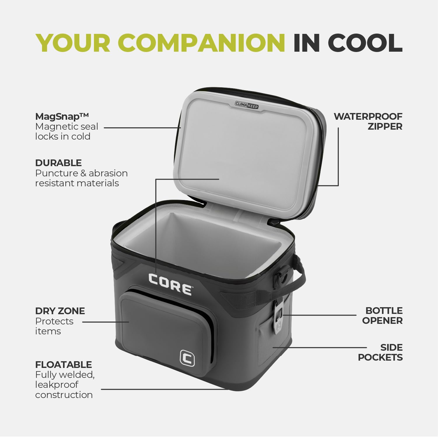 CORE built-in bottle opener detail offering fast beverage access on outings