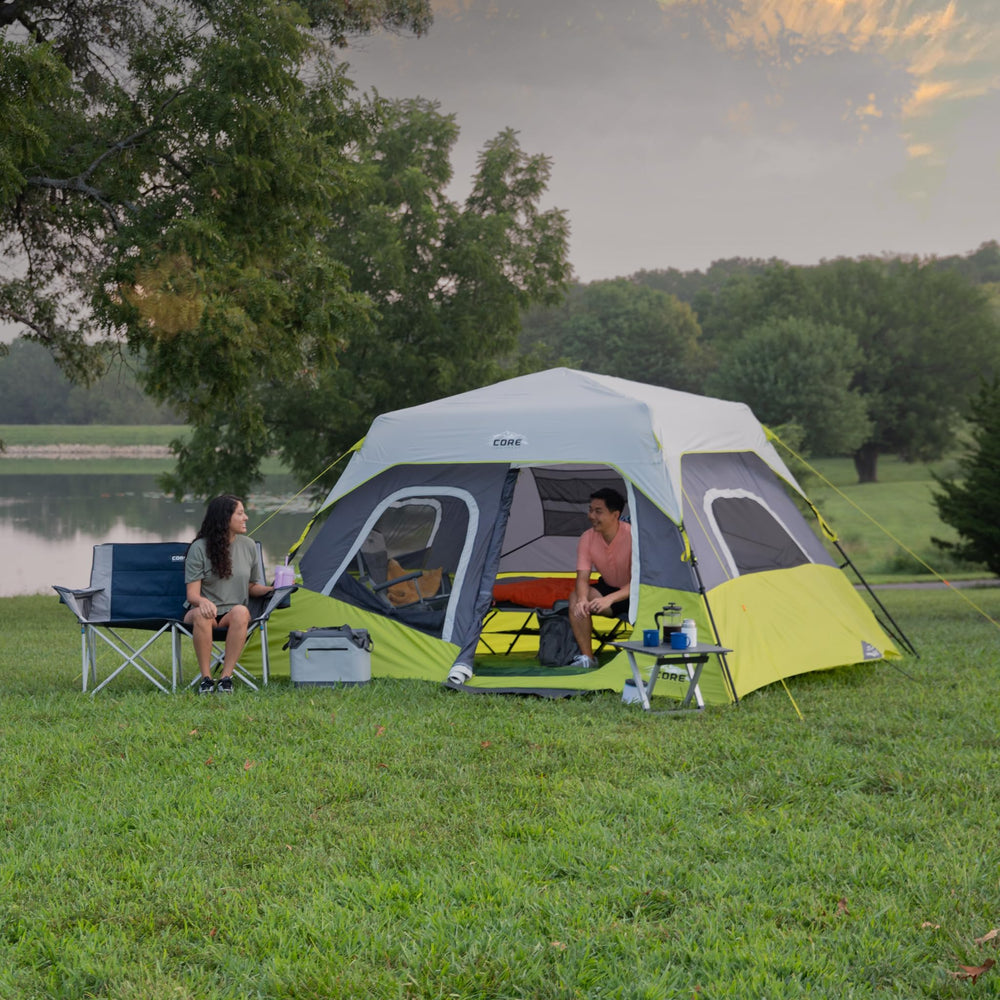 CORE family using tent at campsite showing comfortable group camping