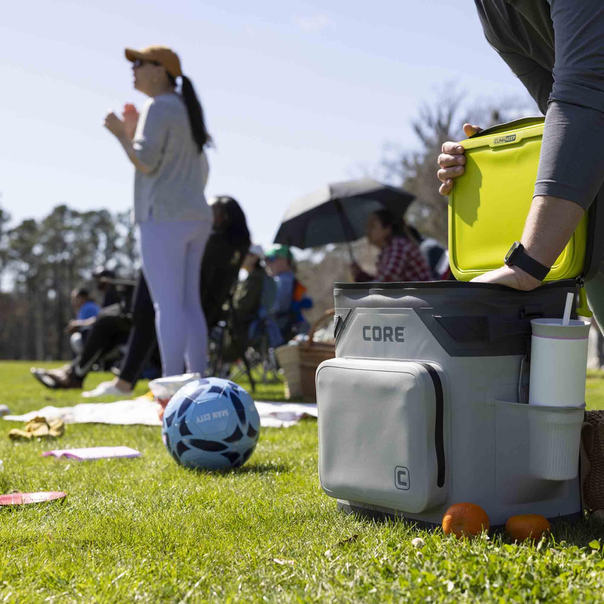 CORE cooler floating on water demonstrating floatable, watertight design