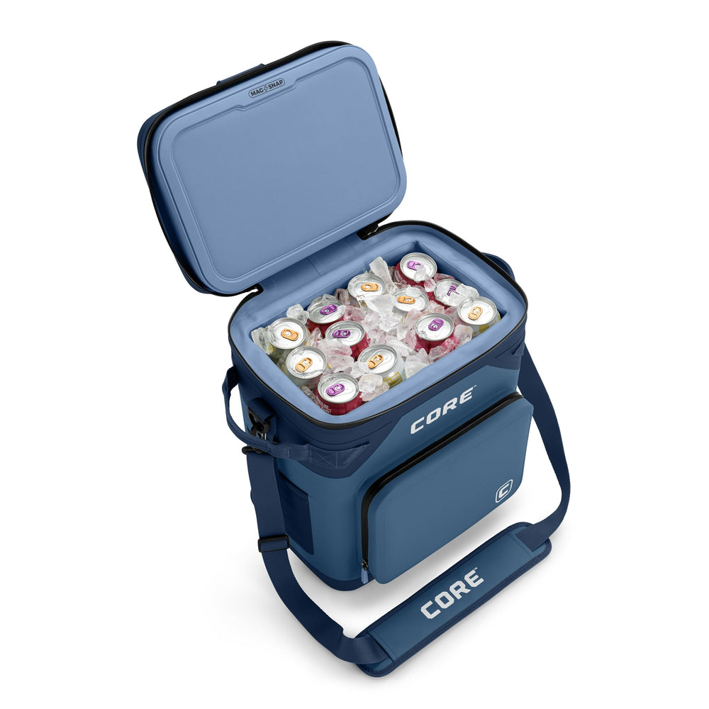 CORE cooler on beach with food and drinks illustrating outdoor use