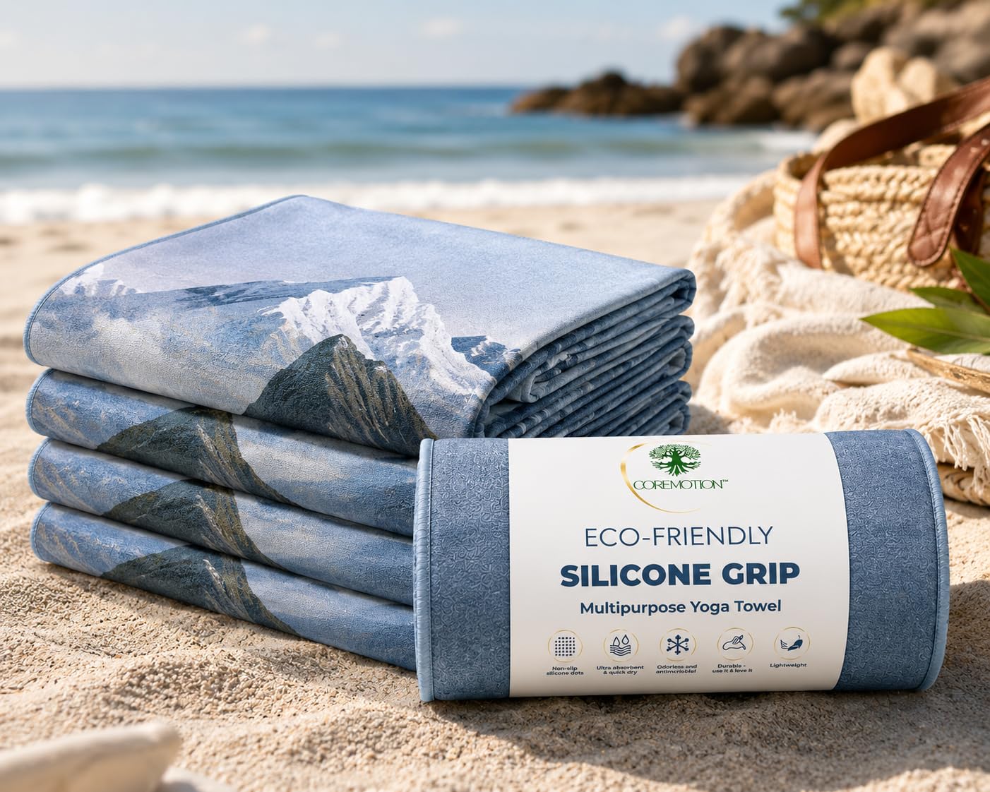 COREMOTION towel laid on full-length mat for stable practice benefit