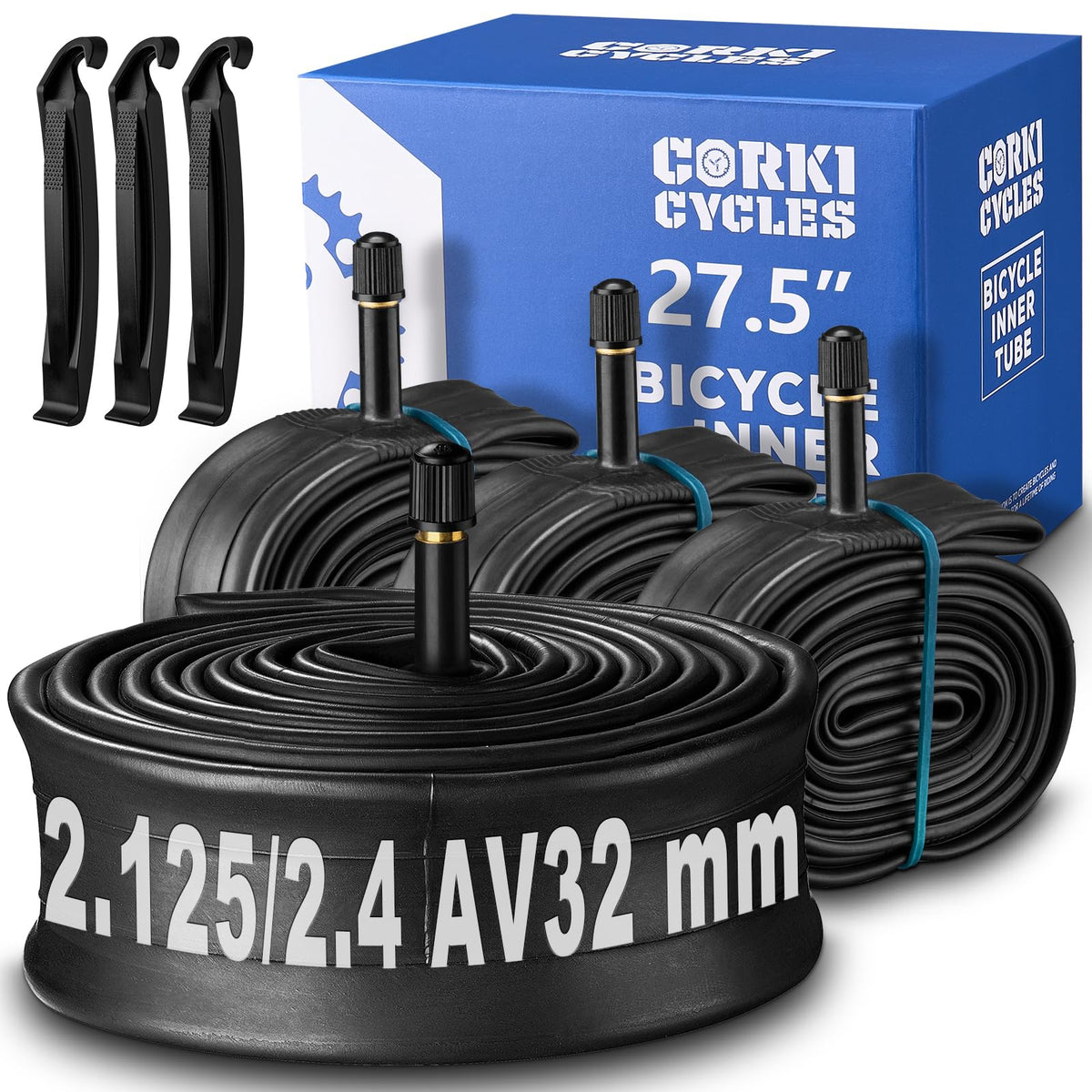 corki 27.5" Schrader valve tube pack showing durable butyl rubber for dependable rides