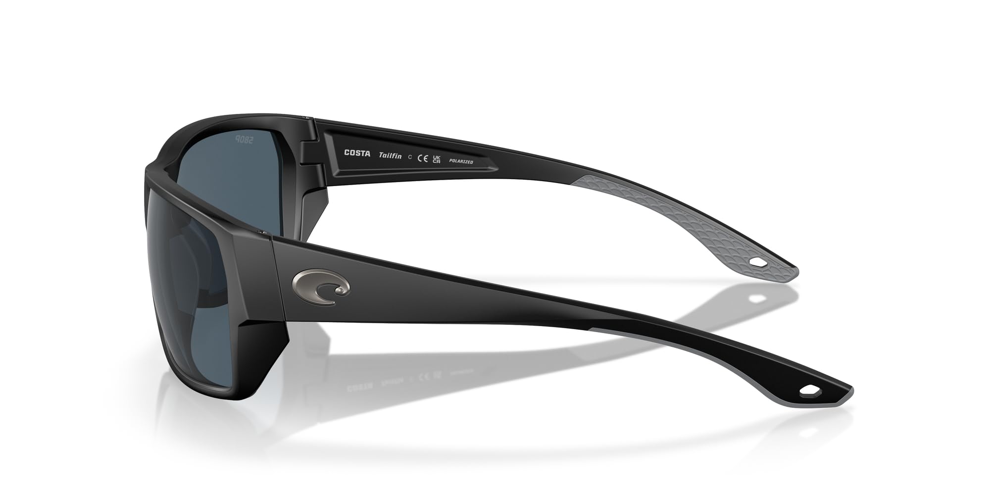Costa Del Mar Tailfin side profile showing hinge and corrosion-resistant metal for durability