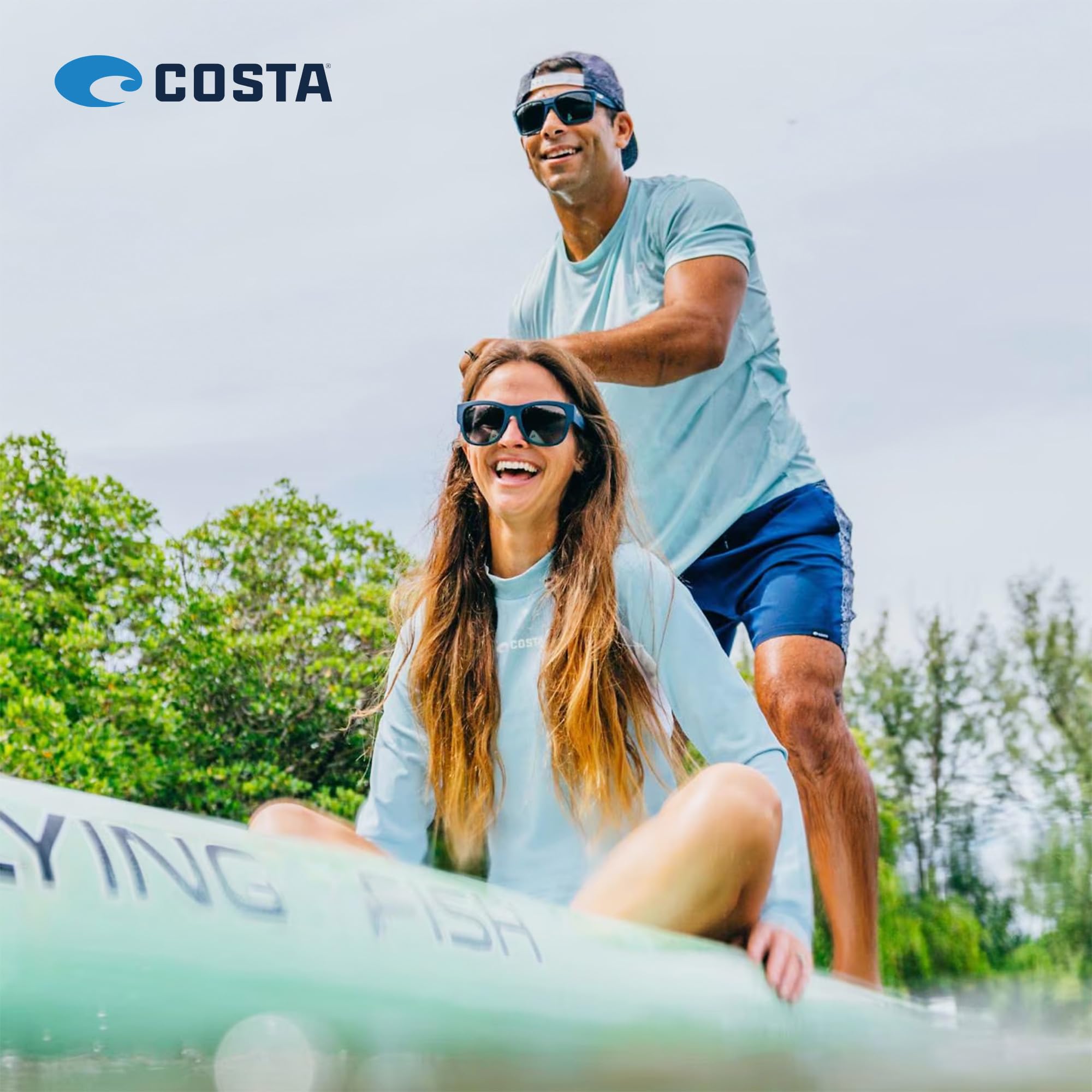 Costa Del Mar frame label and size tag showing size 57 and authentic branding benefit