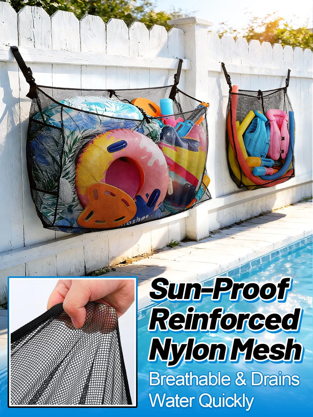 Cosweet nets hanging on pool fence with floats inside, quick access