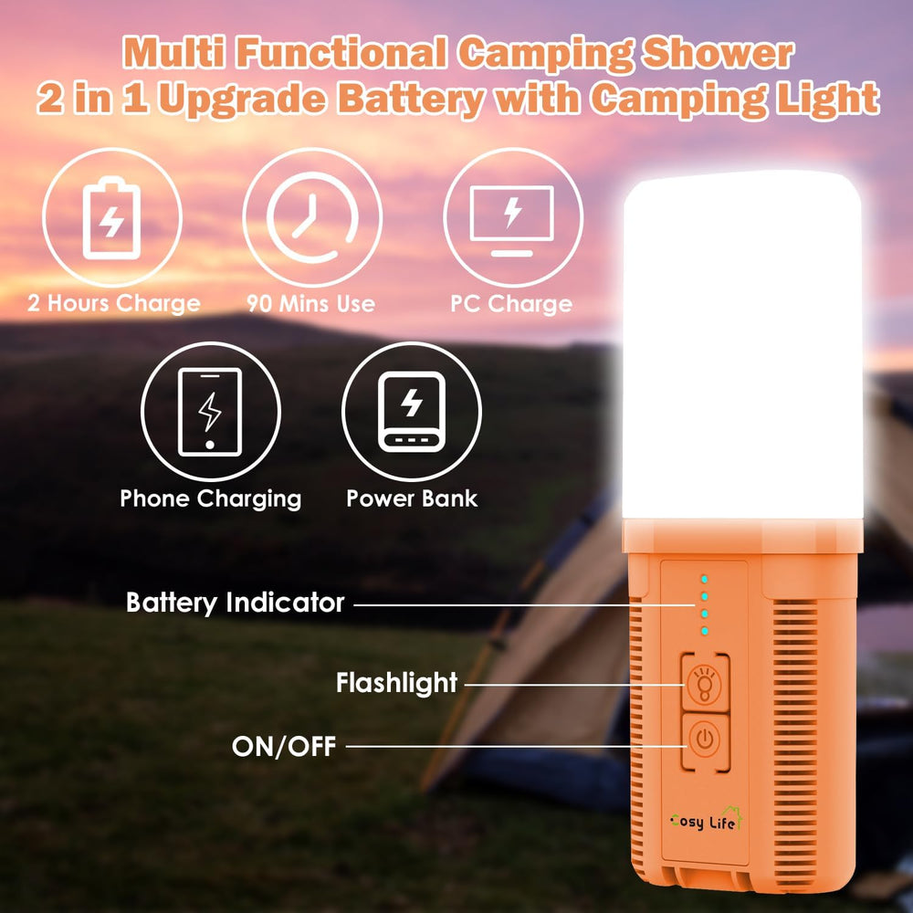 Cosy Life shower in camping scene rinsing off gear for convenient outdoor cleaning
