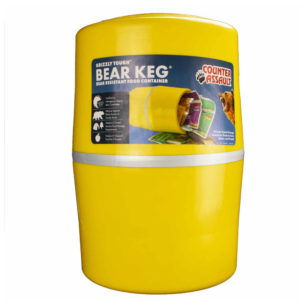 Counter Assault Bear Keg front view showing bright yellow color and secure storage