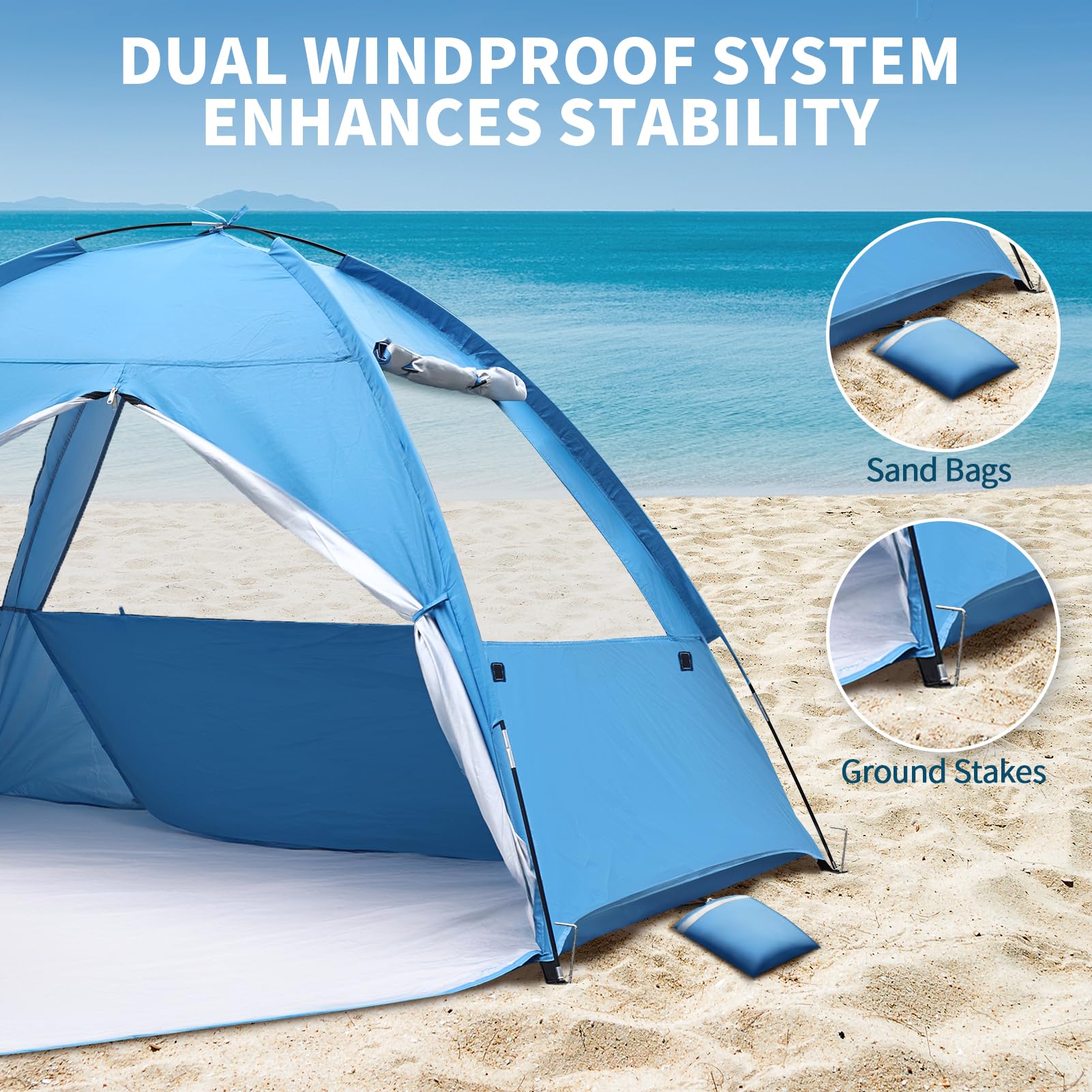 covacure stakes and sandbags anchored to sand for secure hold