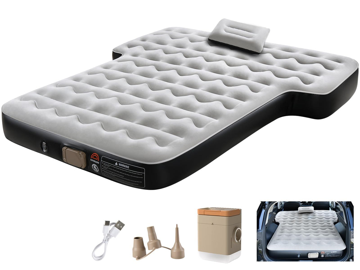 Coverado front view showing mattress layout and included accessories for quick setup