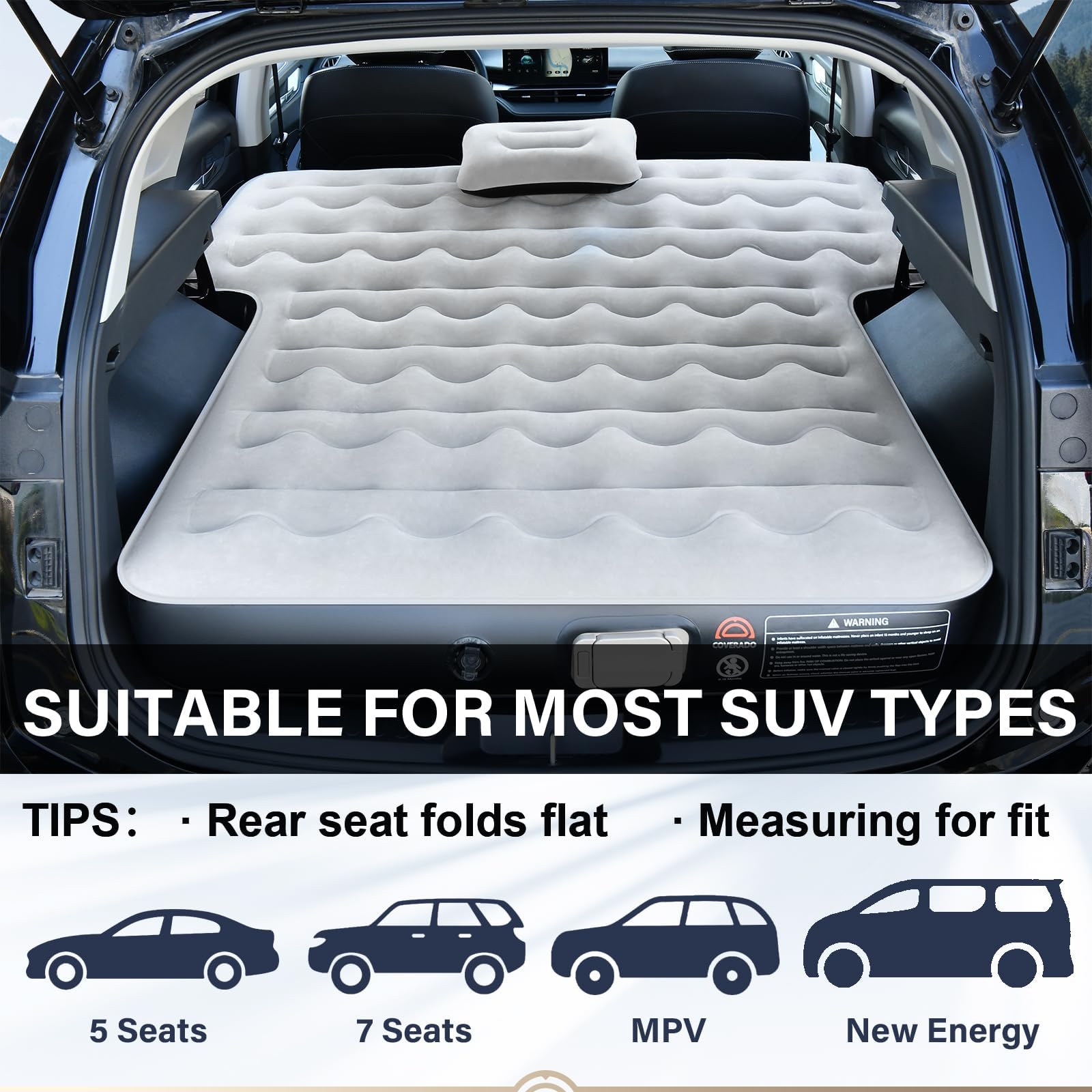 Coverado inflated in SUV cargo area, showing universal fit and sleeping space