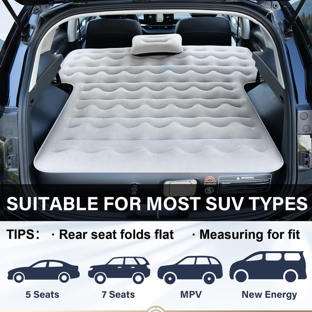 Coverado inflated in SUV cargo area, showing universal fit and sleeping space