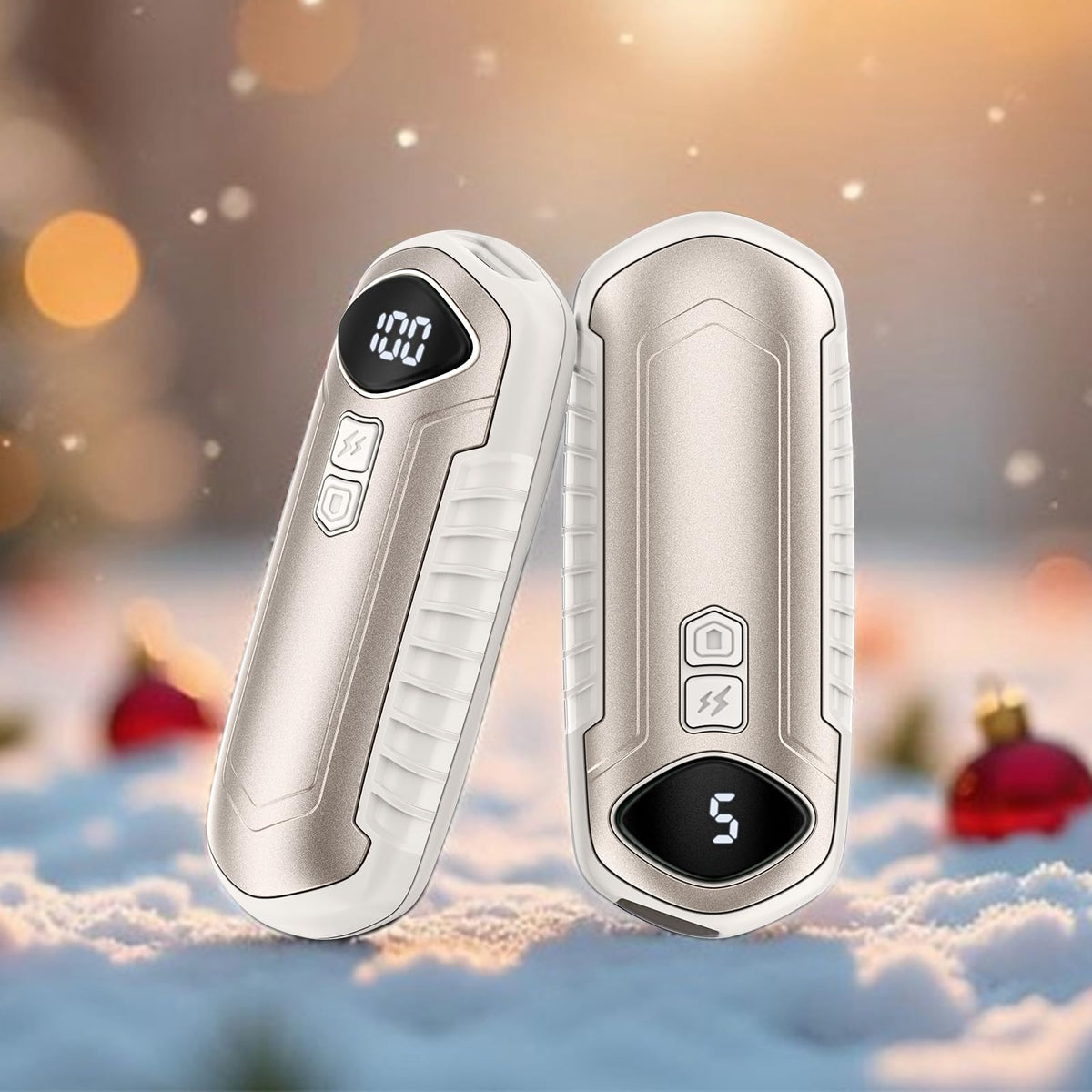 Cozyverge front view showing beige hand warmers and packaging, highlights compact design benefit