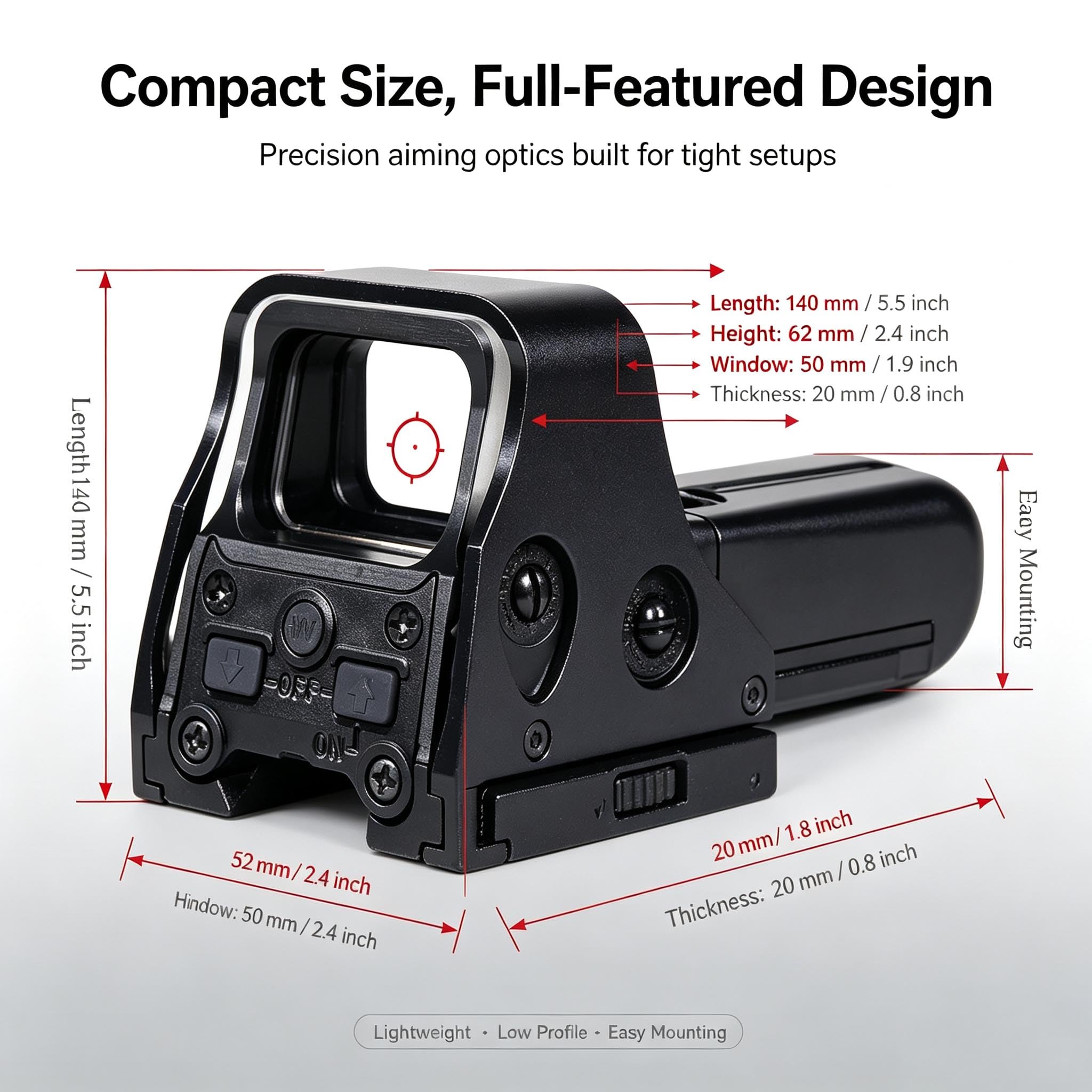 CPFIVE mounted on a 20mm rail showing secure fit and low-profile alignment