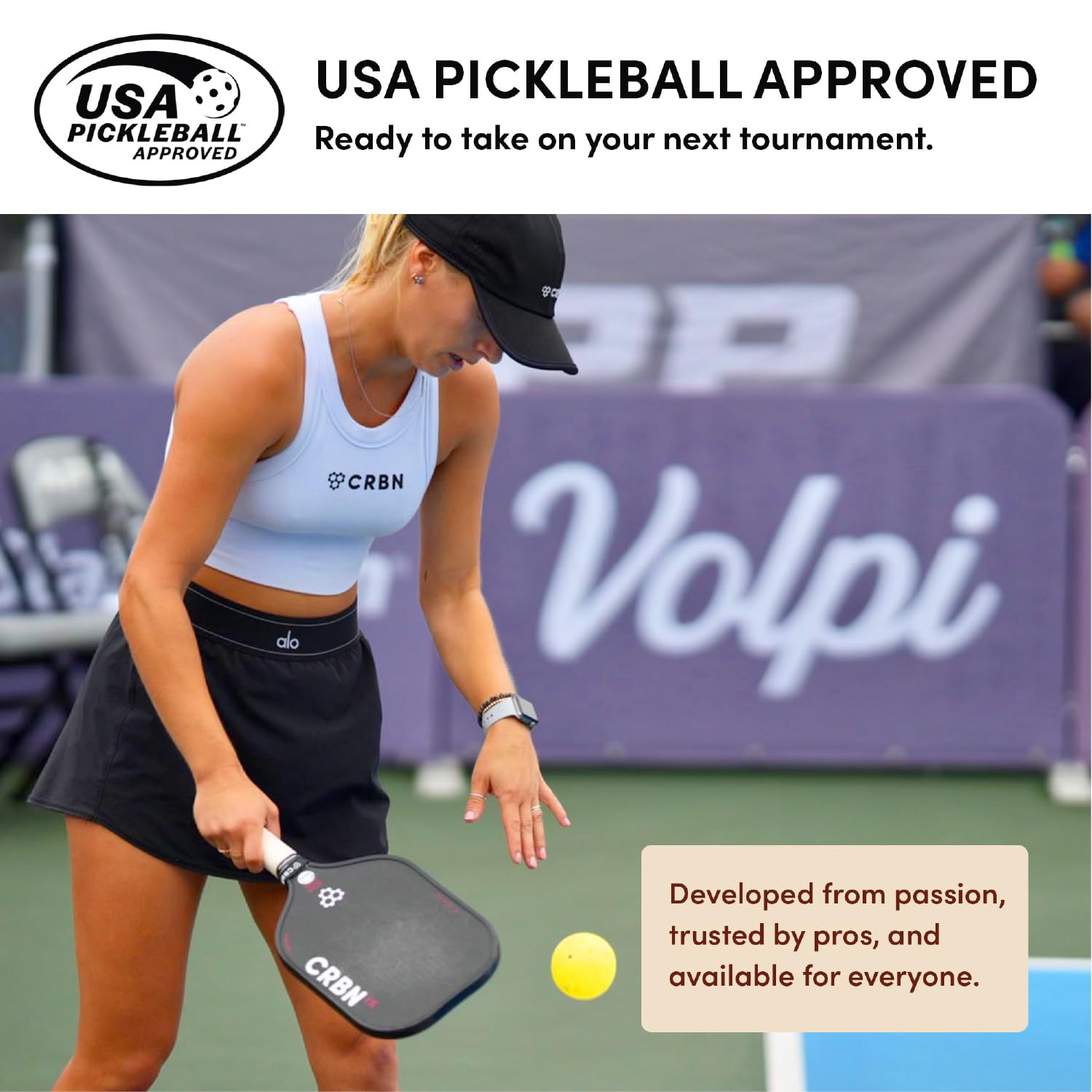 CRBN Pickleball dimensions graphic showing length width and handle measurements