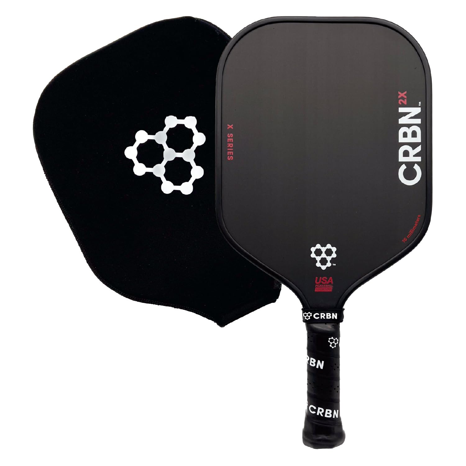 CRBN Pickleball front face showing carbon fiber texture and large sweet spot benefits