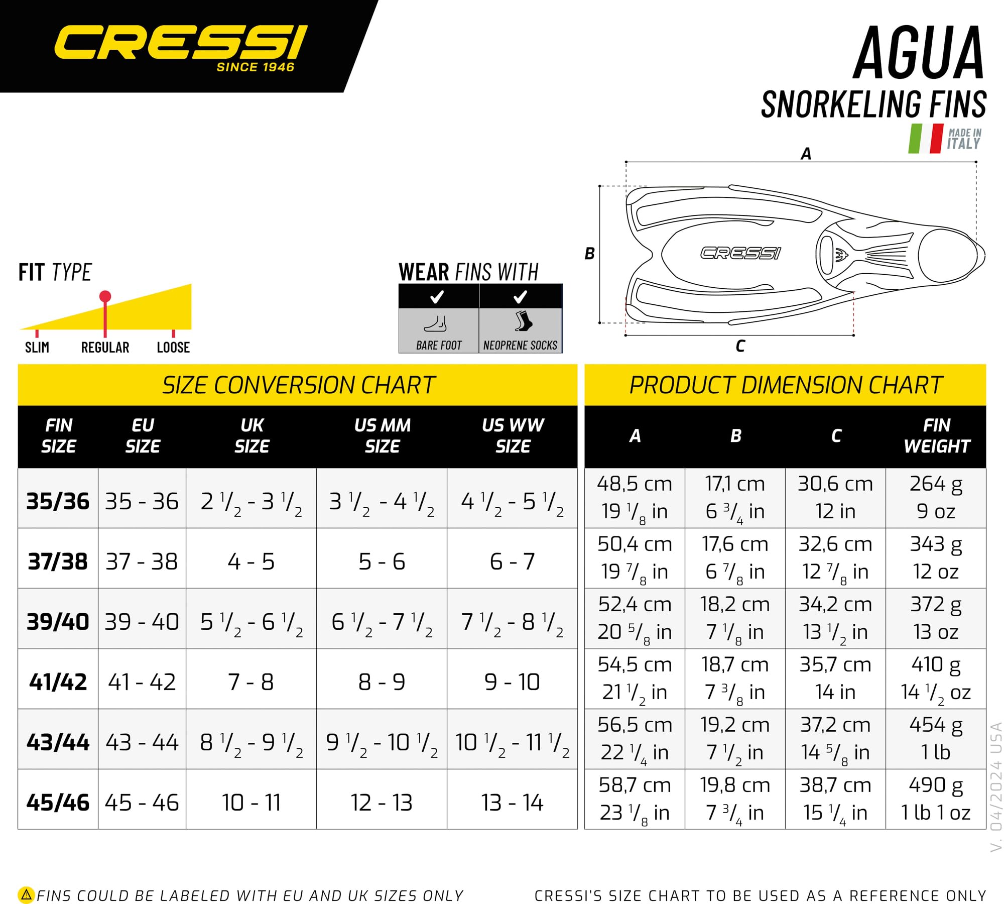 Cressi Agua size label EU 43/44 visible for accurate sizing choice