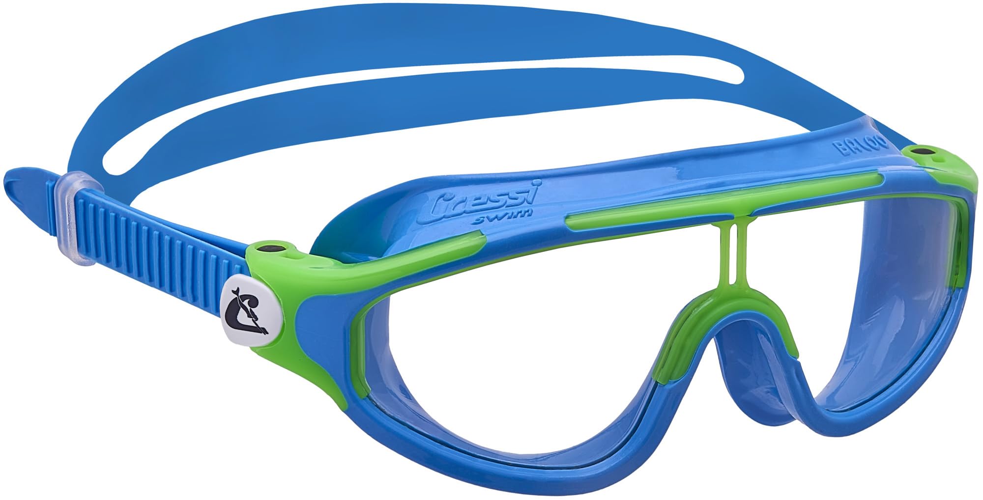 CRESSI Baloo lens closeup highlighting shatterproof anti-fog UV protection for safe vision