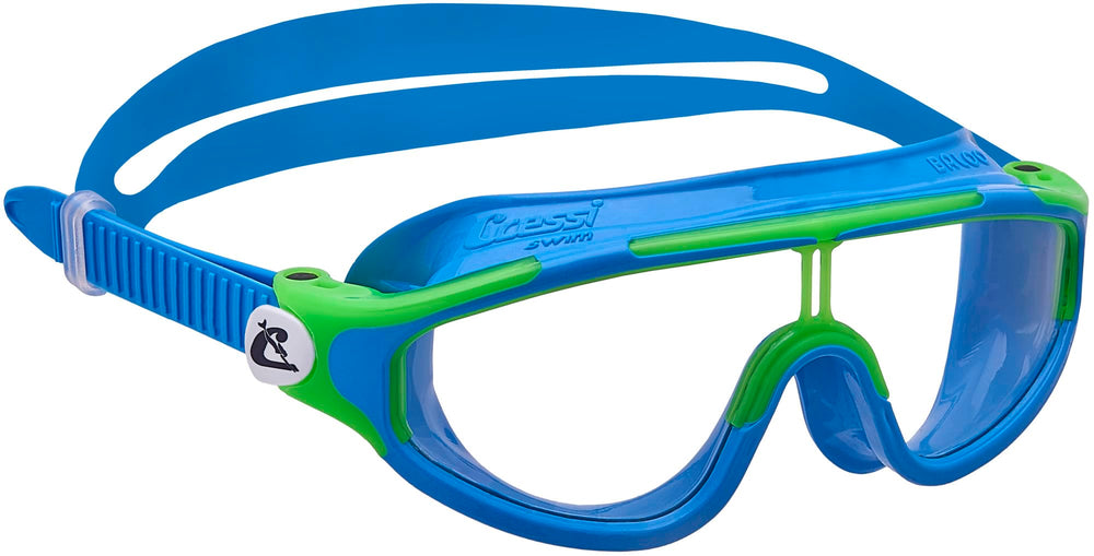 CRESSI Baloo lens closeup highlighting shatterproof anti-fog UV protection for safe vision