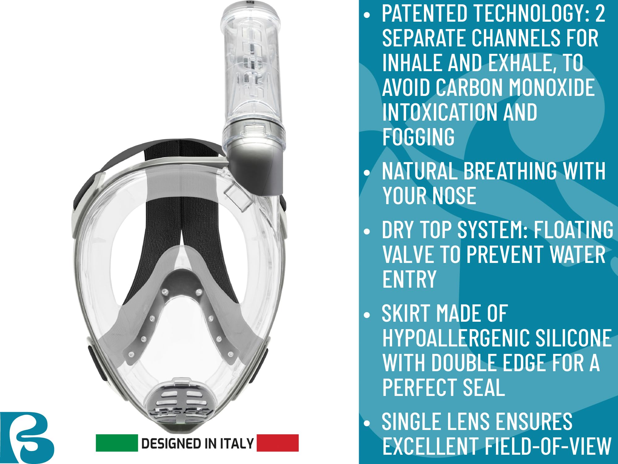 Cressi Baron Junior dry snorkel top and valve assembly showing water prevention benefit safer surface breathing
