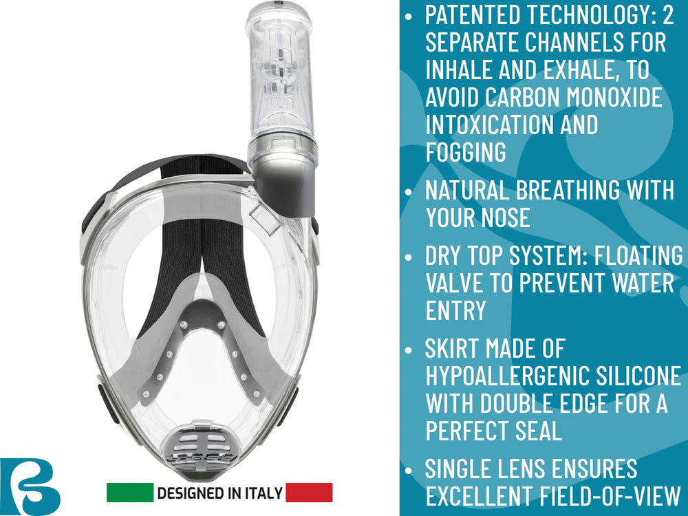 Cressi Baron Junior dry snorkel top and valve assembly showing water prevention benefit safer surface breathing