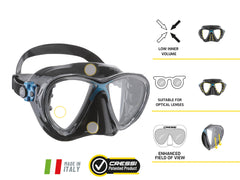 Cressi Big Eyes Evolution buckle detail showing double-injection frame durability benefit