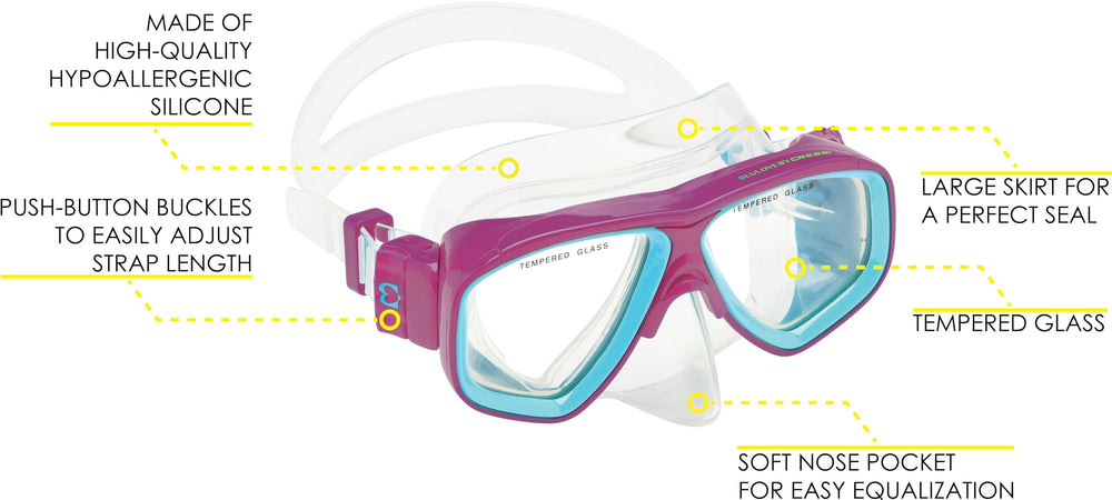 Cressi Brisa mask close-up of silicone skirt and tempered lens for clear sight
