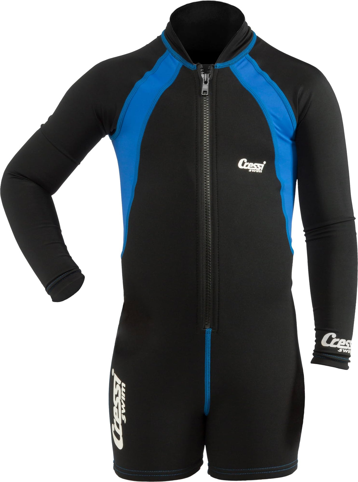 Cressi front view long-sleeve swimsuit showing full coverage and fit benefit