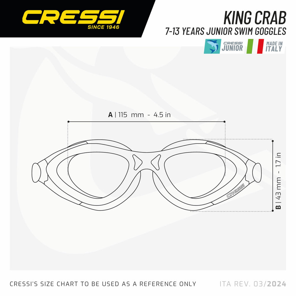 Cressi King Crab size comparison against an adult goggle displaying compact fit