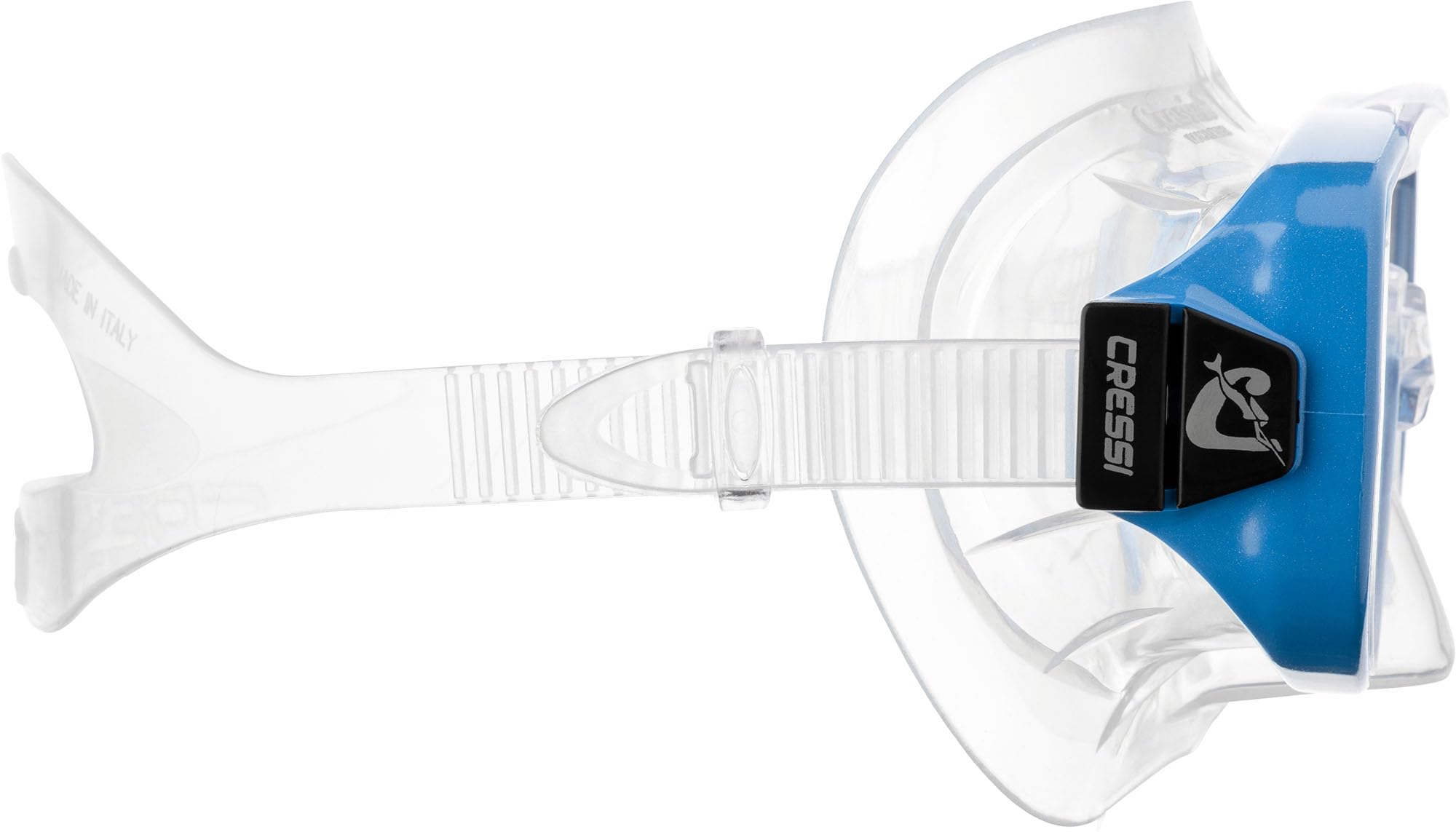 Cressi Onda closeup of tempered glass lens showing clear optics and durability