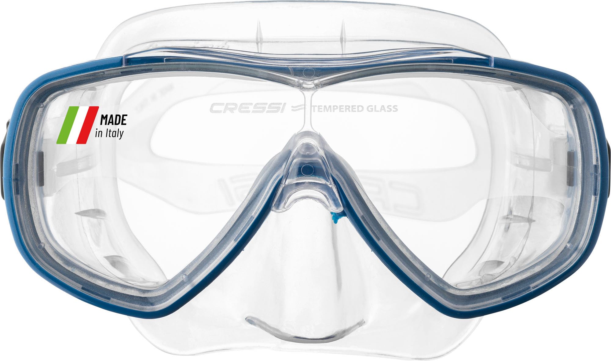 Cressi Onda front view showing wide single-lens and clear skirt for expansive vision