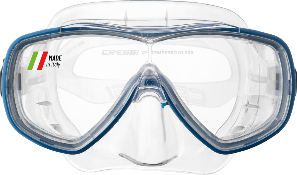 Cressi Onda front view showing wide single-lens and clear skirt for expansive vision