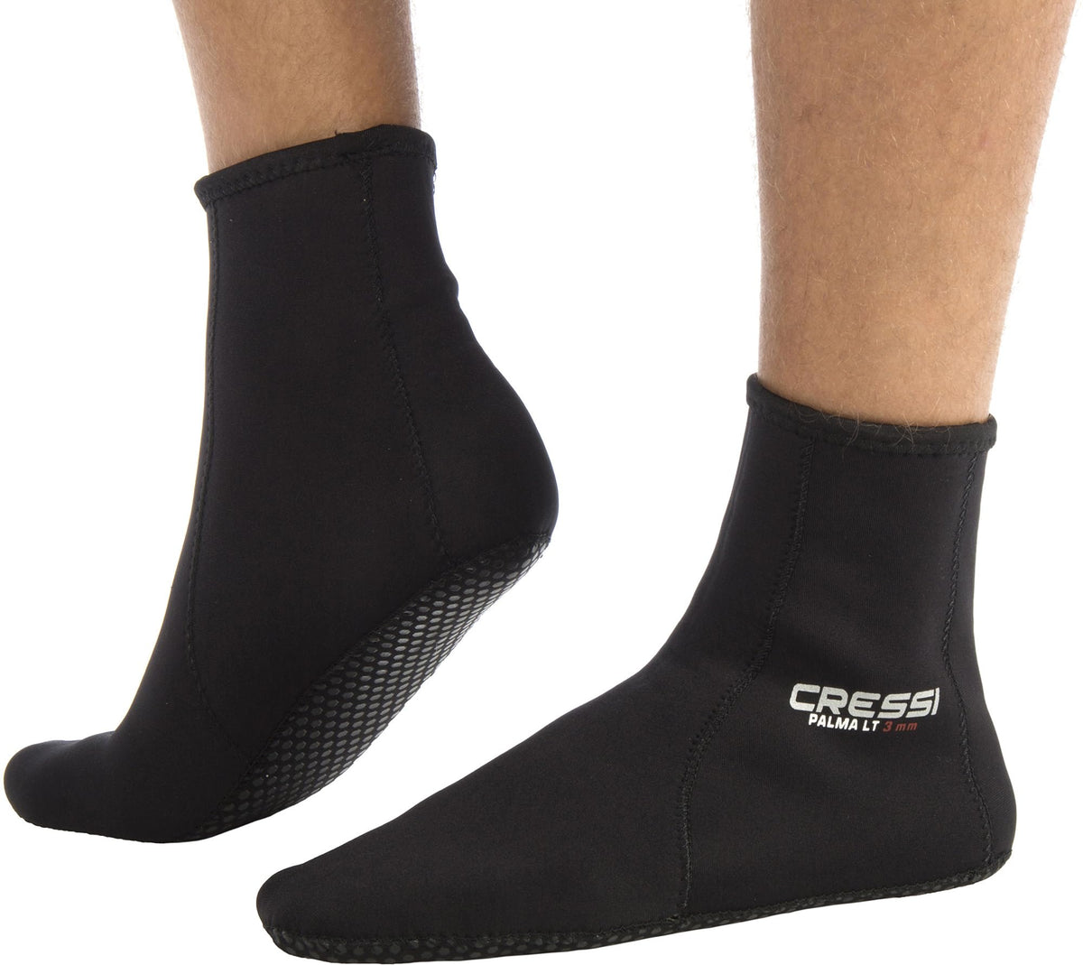 Cressi Palma LT black socks front view showing tall fit and flexible neoprene for comfort