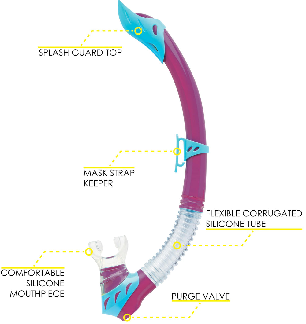 Cressi Rio snorkel in use on child, splash-guard reduces water intake