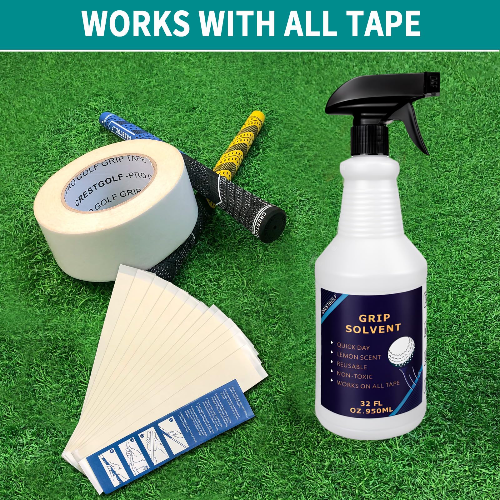 Crestgolf bottle next to golf club showing 950ml size for multiple jobs benefit
