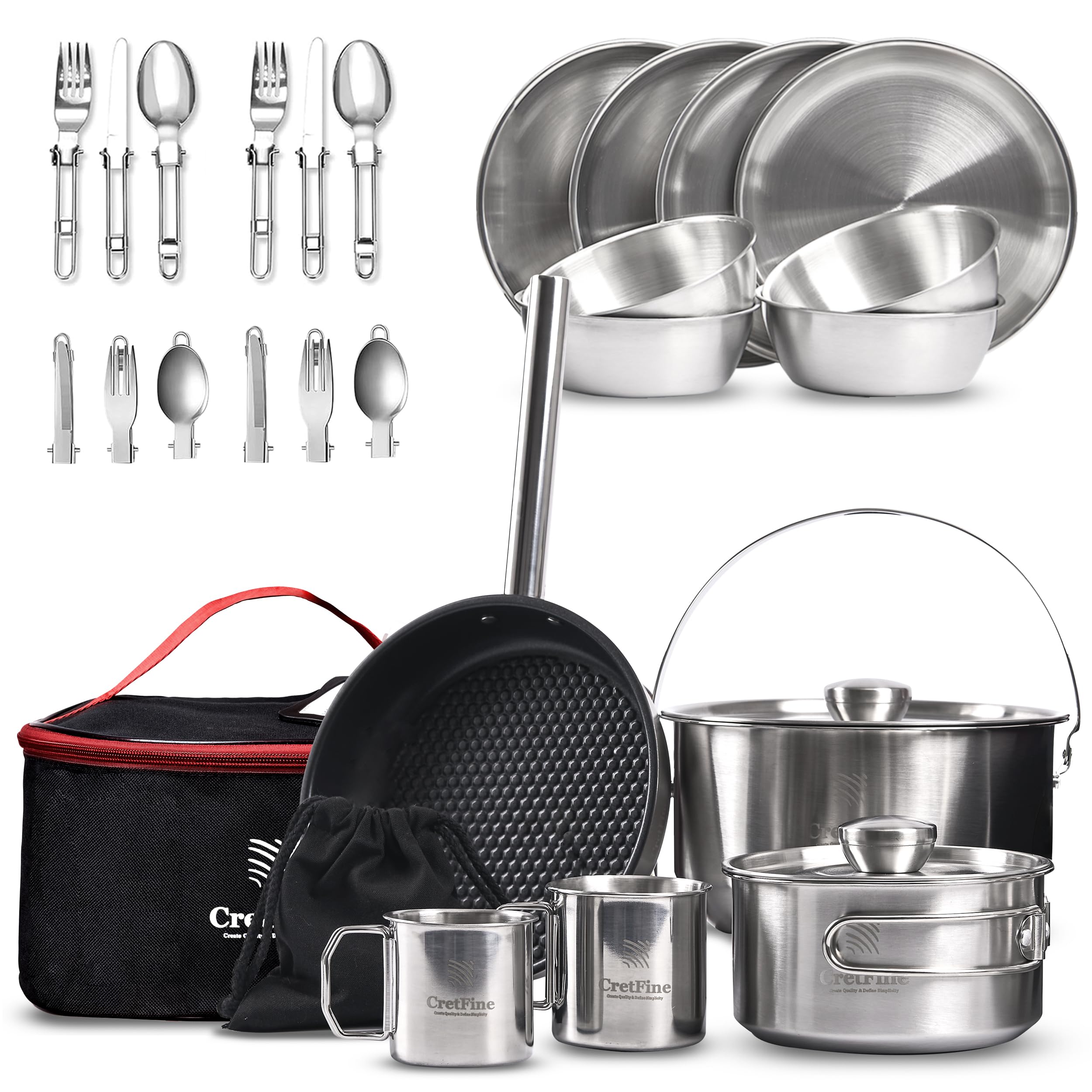 CretFine front view showing full packed cookware set and bag, convenient transport
