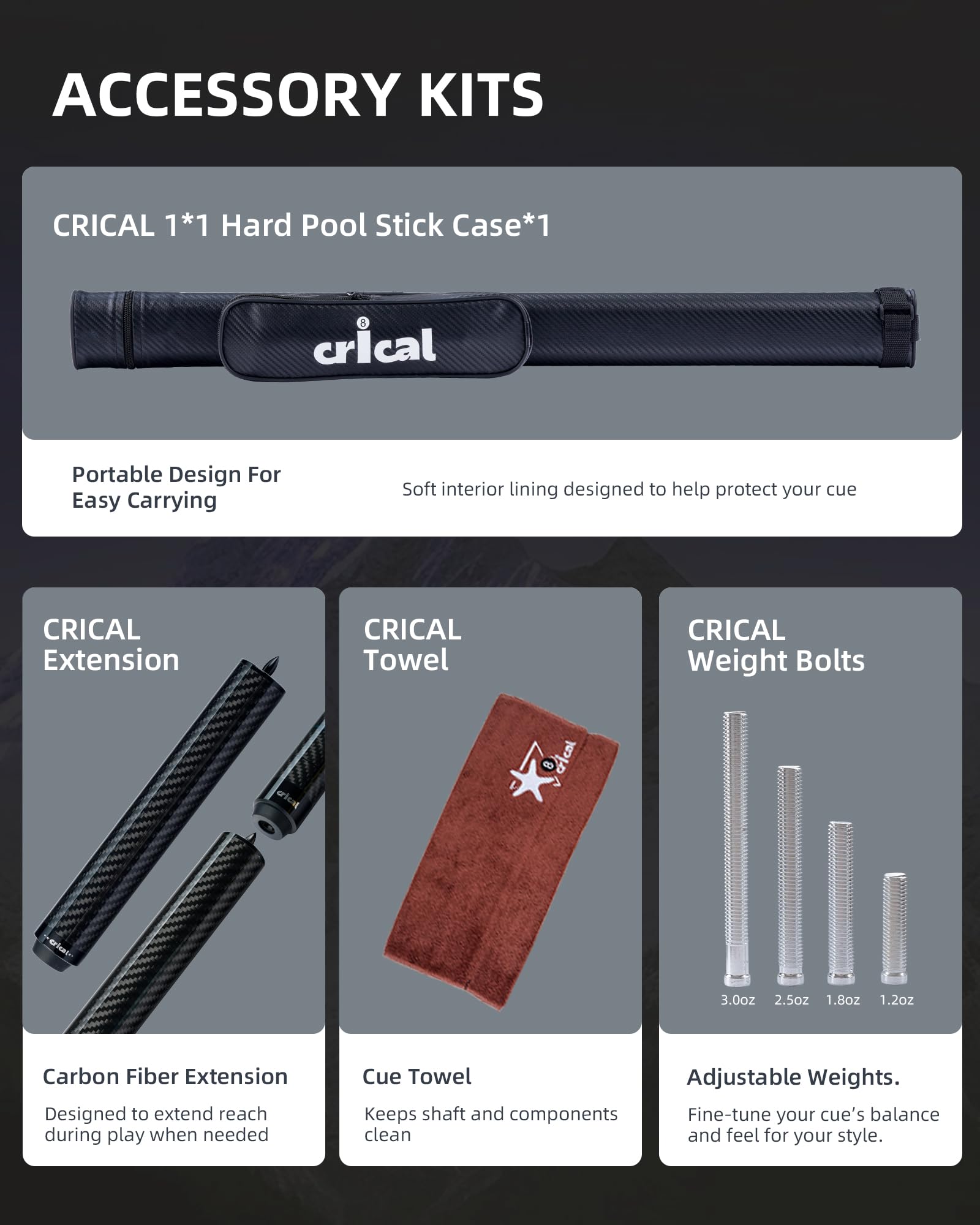 CRICAL protective cue case open with cue and accessories for safe transport